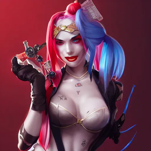 Prompt: mashup jinx from league of legends and harley quinn, intricate, elegant, highly detailed, digital painting, artstation, concept art, smooth, sharp focus, illustration, art by artgerm and greg rutkowski and alphonse mucha