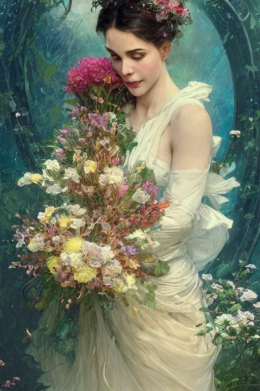 Image similar to portrait of a beautiful mysterious woman holding a bouquet of flowing flowers, hands hidden under the bouquet, lying in a pool of water, fantasy, regal, intricate, by stanley artgerm lau, greg rutkowski, thomas kindkade, alphonse mucha, loish, norman rockwell