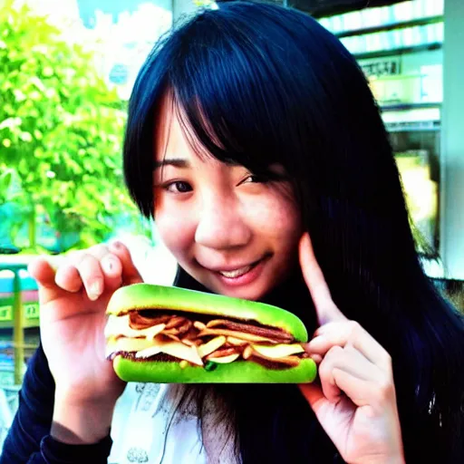 Image similar to “ asian girl eating a subway footlong bacon sub sandwich ”