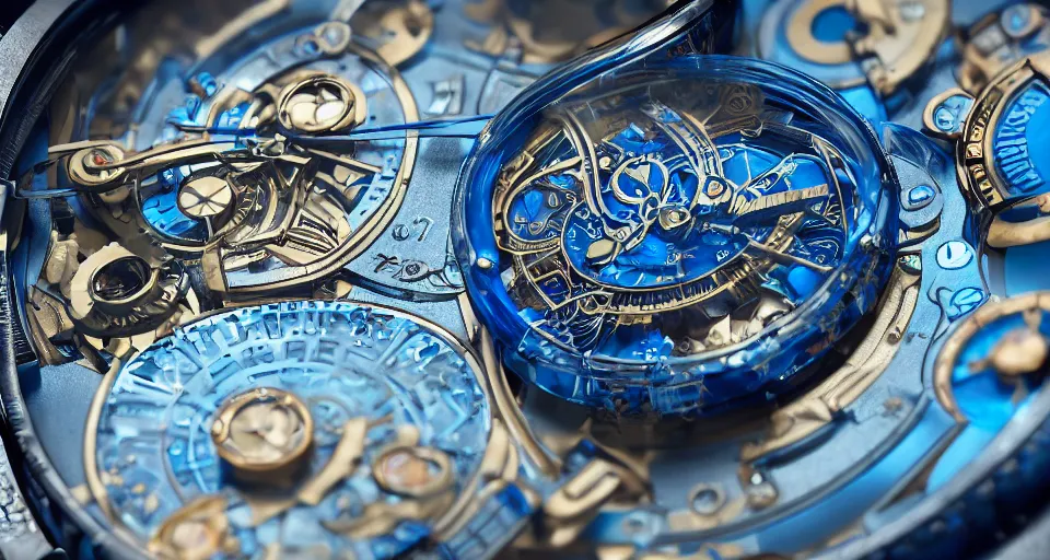 Prompt: complex 3 d render of a futuristic steampunk watch lying on a table, high detail, sharp focus, glowing blue interior components, fractal detail, depth of field, bokeh, cinematic lighting and composition, octane render, film grain, by syd mead and greg rutkowski and android jones, rolex