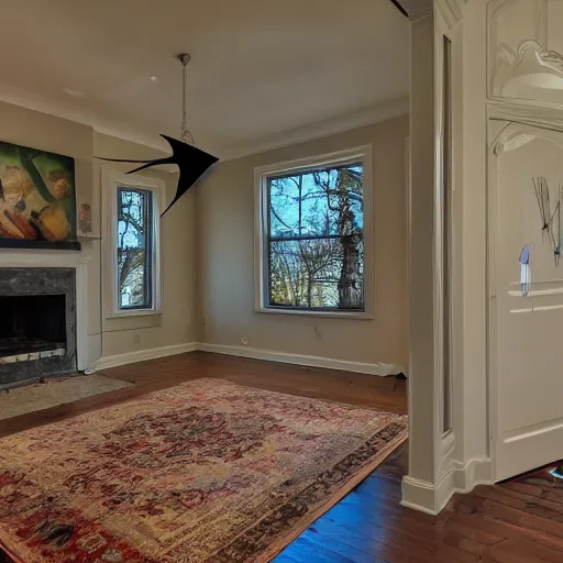 Prompt: a real estate home interior photo. a paranormal photo with an arrow pointing to a demon.