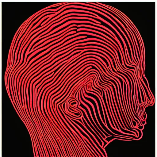 Prompt: a brain bathed in red lights, lush line harsh gothic art brain made of ink strips and ink lines stripes