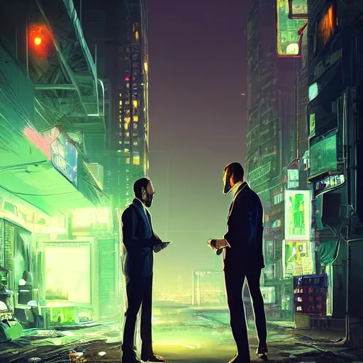 Image similar to two businessman talking, detailed digital illustration by greg rutkowski, cyberpunk back alley, nighttime, colorful lighting