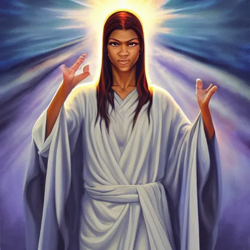 Prompt: a painting of Zendaya as the Messiah by Ross Tran, Bruce Timm and Vladimir Kush, highly detailed digital art, holy aura, serene expression