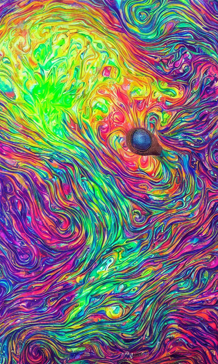 Image similar to ultra detailed acrylic pour fluid dynamics flow art painting of a iridescent amanita mushroom with a colorful swirl shimmering with pearlescence, acrylic marbling art of a toadstool by sam spratt, rhads, deviantart, psychedelic art, psychedelic, cosmic nebula, chromatic