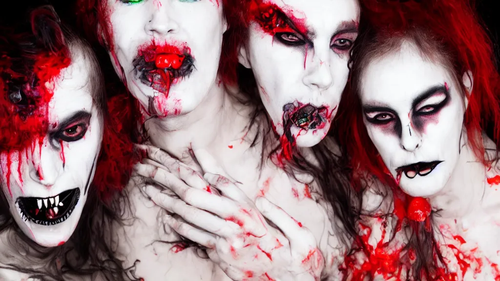 Prompt: two demons inspired by saliva with hungry make up photographed by sally gall