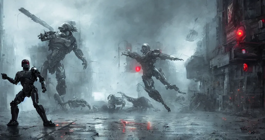 Prompt: robocop fighting zombie, empty city, apocalypse, zombies, intricate, detailed, volumetric lighting, scenery, hellscape, digital painting, highly detailed, artstation, sharp focus, illustration, concept art, ruan jia, steve mccurry