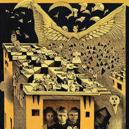 Image similar to box of ghosts, by M.C. Escher, by Joseph Cornell, by Francisco Goya, fairy-tale illustration style, very detailed, colorful, beautiful, eerie, surreal, psychedelic