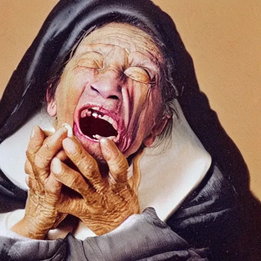 Prompt: a bizarre image of an old woman opening her mouth extremely wide and swallowing a whole goat