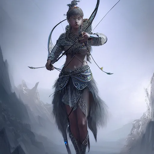 Image similar to beautiful extremely detailed intricate concept art depicting an archer by wlop. shining jewelry. grey atmosphere. particles in the background.