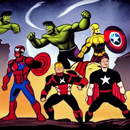 Image similar to a prehistoric cave painting of the avengers battling thanos