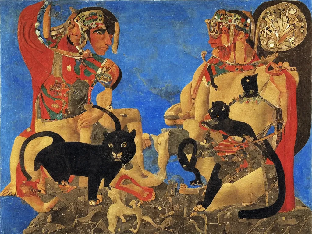 Image similar to portrait of an aztec deity with panther. lapis lazuli, malachite, cinnabar, gold. painting by piero della francesca, balthus, agnes pelton