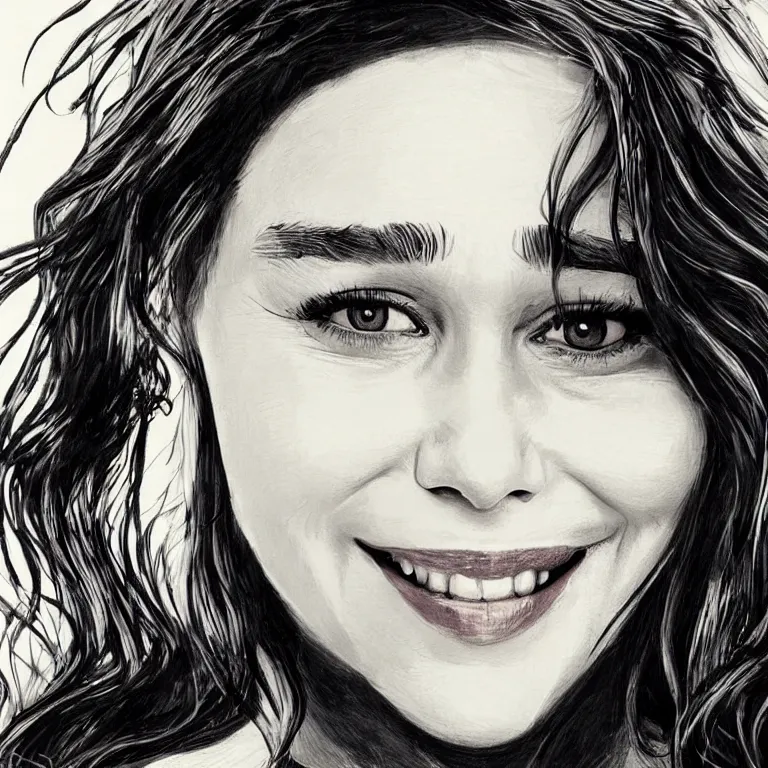 Prompt: an amaze - art painting of emilia clarke using single line, realism, smiling face