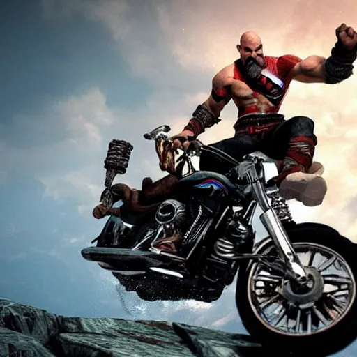 Image similar to kratos jumping a black harley - davidson motorcycle off a cliff, cinematic render, playstation studios official media, god of war 2 0 1 8, flames, centered