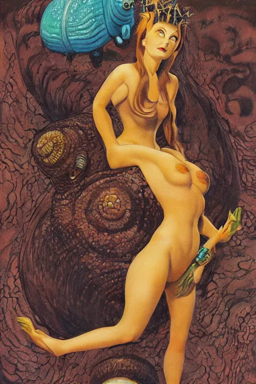 Image similar to a queen on top of a giant tardigrade retro japanese monster slimy leather, oil painting, 7 0 s vintage art, by georgia o keeffe, by gustave dore, by frank frazetta, nausicaa