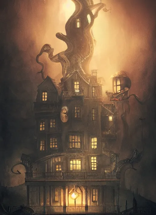 Prompt: giant squid destroying a glowing mansion in burning vapor dramatic lighting, artstation, matte painting, alexander jansson, allen williams, anja millen