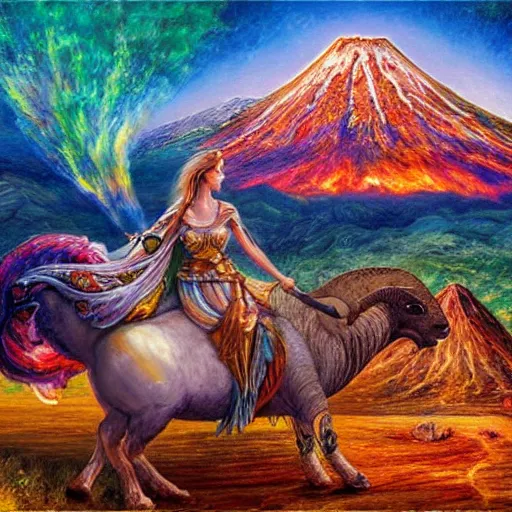 Image similar to a goddess riding a ram while checking her cell phone, erupting volcano and sunrise in distance in background, painting by josephine wall, senior concept artist, acrylic on canvas, intricately detailed, high resolution trending on artstation