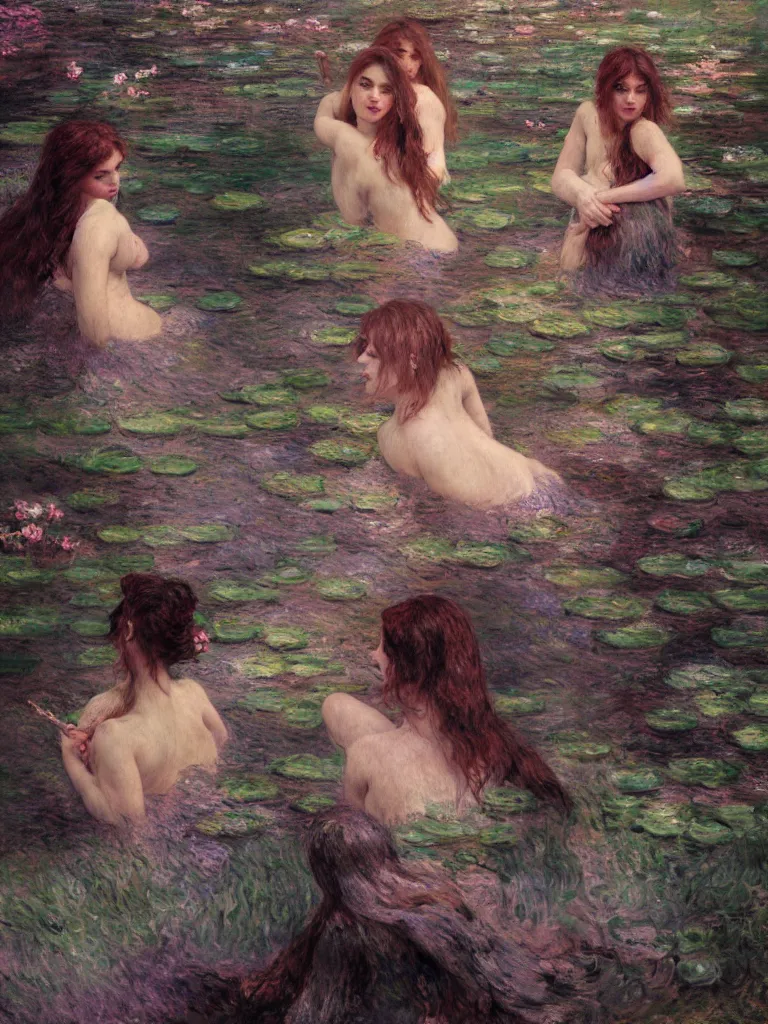 Image similar to illustration studio portrait of three dark beautiful mermaids female energy in artistic poses in the river at the forest, monet painterly motives and textures pattern, hyper detailed, octane render, vivid colors, artstation, by jeremy mann, by alphonse mucha, by monet