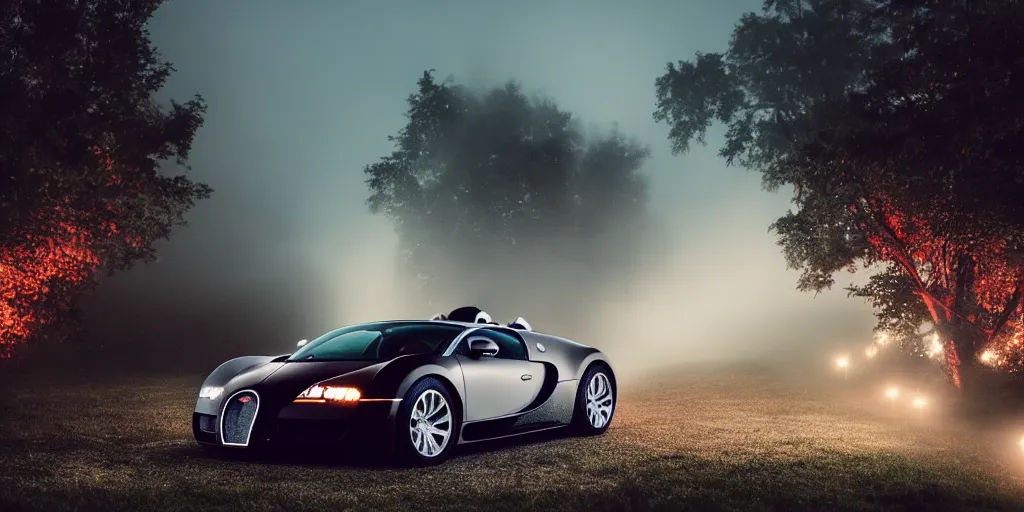 Prompt: bugatti veyron, warm lighting, fog, fairy lights, backyard at late night, tumblr aesthetic