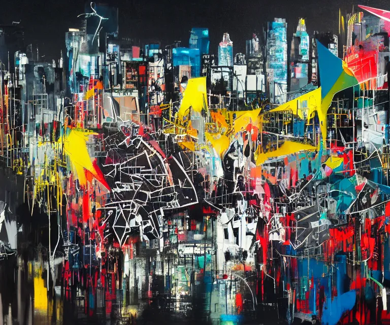 Prompt: acrylic and spraypaint of a metropolitan cityscape at night with wet pavement and reflections, graffiti wildstyle, large brush strokes, painting, paint drips, acrylic, clear shapes, spraypaint, smeared flowers, origami crane drawings, large triangular shapes, painting by ashley wood, basquiat, jeremy mann, masterpiece