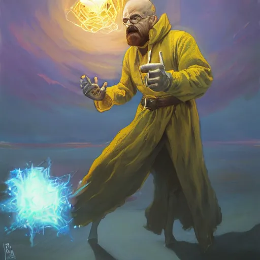 Prompt: full body shot of walter white as fantasy mage, throwing a blue fireball, full - body art, fantasy art, dnd, walter white, very beautiful fantasy art, bright colors, final fantasy, graceful, elegant, trending on artstation, intricate details, matte painting, organic painting, bold shapes, street art, greg rutkowski, gaston bussiere