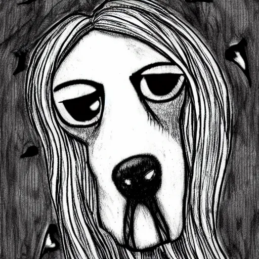 Image similar to grunge drawing of a cartoon dog by mrrevenge, corpse bride style, horror themed, detailed, elegant, intricate