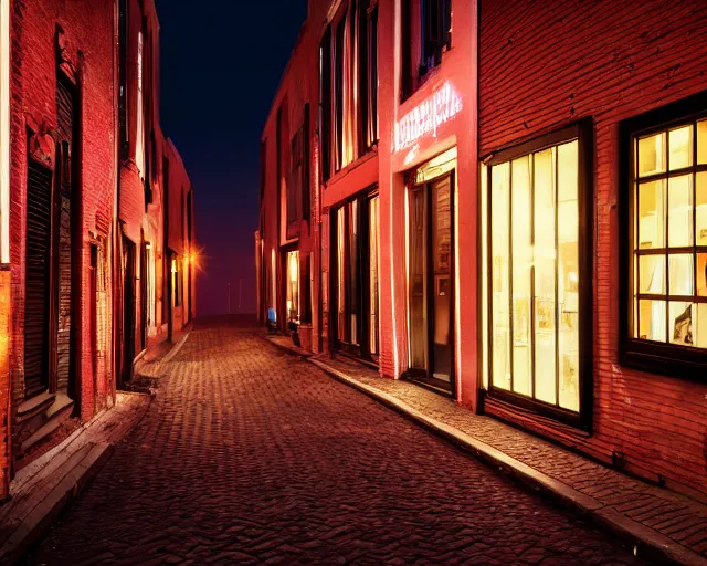 Image similar to view of a moonlit street in de rosse buurt, a window with a red light containing an anthropromorphic nvidia gpu, photorealistic atmospheric sensual lighting