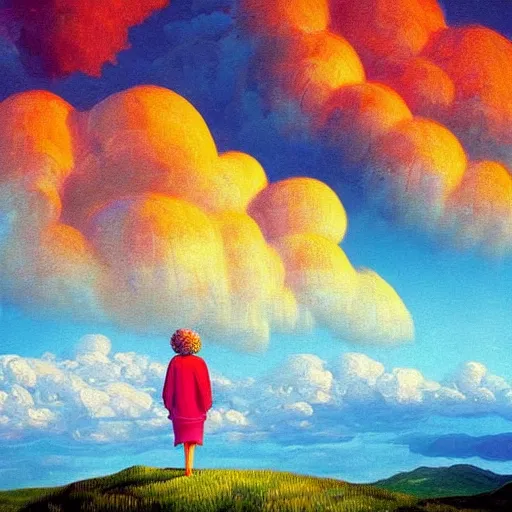 Image similar to giant flower head, frontal, woman standing on mountain, surreal photography, stormy sky, colorful clouds, impressionist painting, digital painting, artstation, rob gonsalves