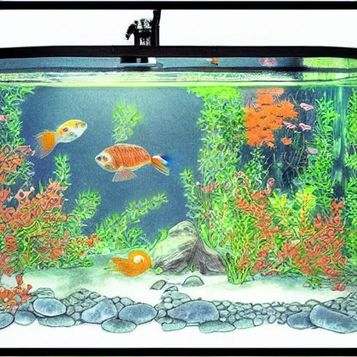 Image similar to beatiful aquarium with goldfish drawn in ghibli style, anime ghibli studio drawing