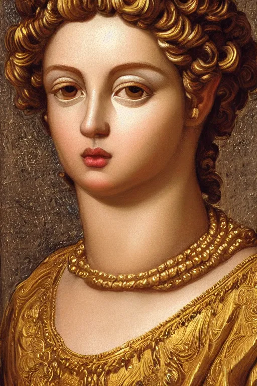 Prompt: Ruth, face closeup, ultra detailed, gold, dressed in roman clothes, ultra detailed, art by Guido Reni style