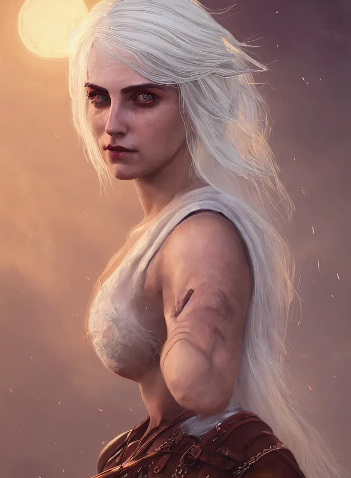 Image similar to a half portrait of ciri from the witcher 3 wearing a white sundress in fallout 4, platinum hair, fantasy setting, beautiful face, warm colors, serene lighting, atmospheric, cinematic, moody, in the style of diego koi, gina heyer, luiz escanuela, art by alyssa monk, hyperrealism, rule of thirds, golden ratio, oil on canvas, 8 k