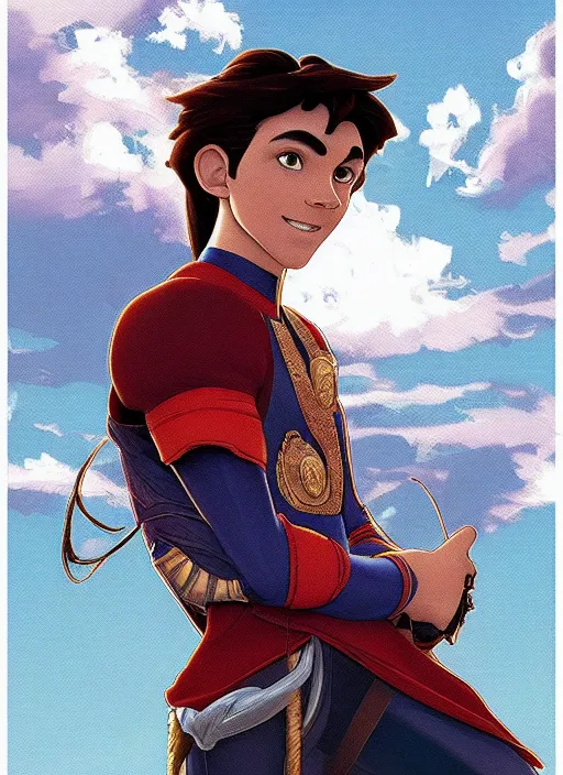 Prompt: skinny young tom holland as prince ali ababwa, iago perched nearby, natural lighting, path traced, highly detailed, high quality, beautiful digital painting, by don bluth and ross tran and studio ghibli and alphonse mucha, artgerm