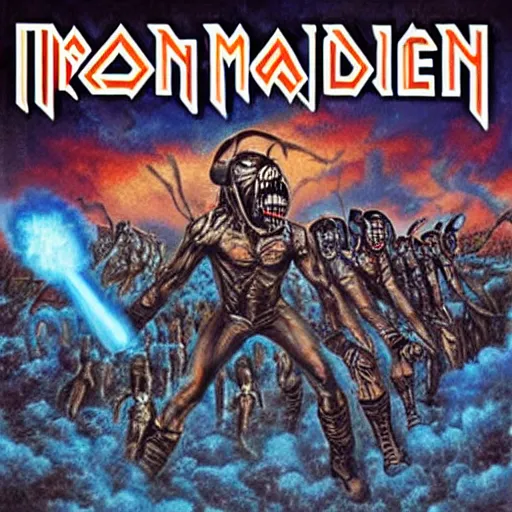 Image similar to iron maiden album cover, science - fiction futuristic apocalyptic war scene with explosions, soldiers firing