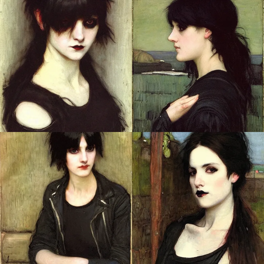 Prompt: a goth portrait painted by john william waterhouse. her hair is dark brown and cut into a short, messy pixie cut. she has a slightly rounded face, with a pointed chin, large entirely - black eyes, and a small nose. she is wearing a black tank top, a black leather jacket, a black