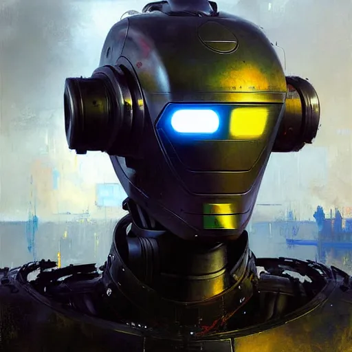 Image similar to a portrait of a concept robot with high tech armor, high detailed greg rutkowski painting, by adrian ghenie and gerhard richter. art by james gurney. masterpiece, deep colours.