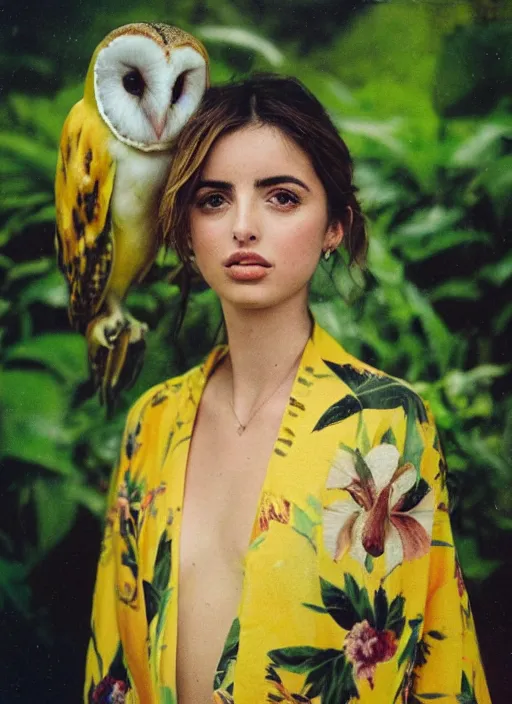 Image similar to grainy head to shoulder portrait Polaroid film photograph of Ana de Armas wearing a yellow kimono with a very detailed barn owl on her shoulder!!! in a tropical greenhouse. looking at the camera!!. super resolution. Extremely detailed. Polaroid 600 film. by Annie Leibovitz and Richard Avedon.