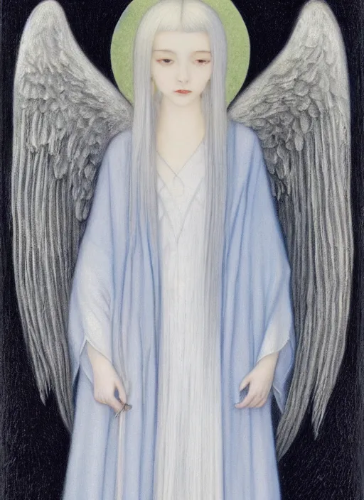 Image similar to thin young beautiful angel with silver hair so long, pale!, wearing silver hair, silver angel wings, wan adorable korean face, silver hair!!, style of fernand khnopff and lucien levy - dhurmer, oil on canvas, 4 k resolution, aesthetic!,