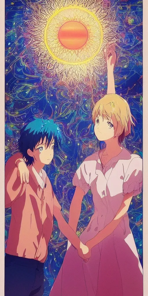 Image similar to a man and a woman holding hands under a beautiful sun drawn like the anime Your Name anime, intricate, psychedelic, Tarot card the Lovers