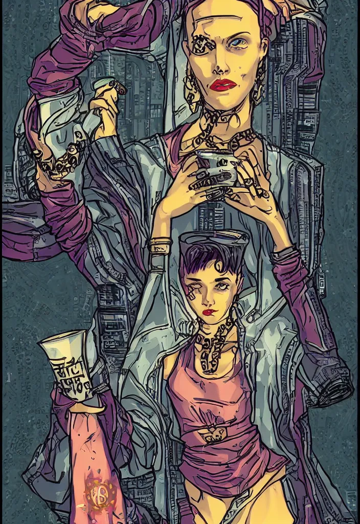 Image similar to the queen of cups as a cyberpunk tarot card