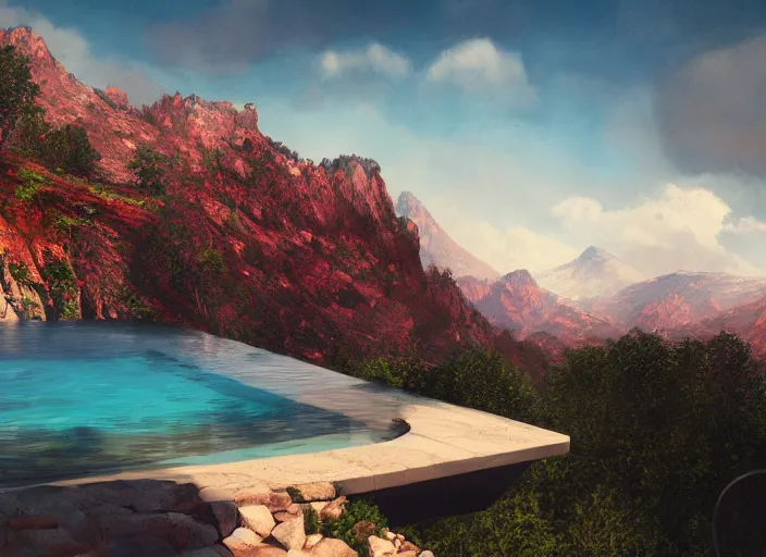 Image similar to tone hut with a swimming pool, mountain landscape, red background, beautiful landscape, dramatic lighting, cinematic, extremly high detail, photorealistic, cinematic lighting, post processed, concept art, artstation, matte painting, style by greg rutkowsky