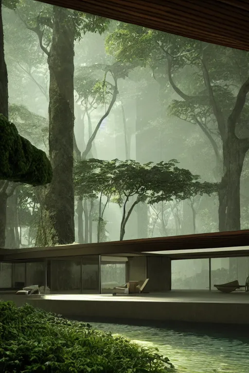 Prompt: architecture inspired by le corbusier in the rainforest. octane render. global illumination. mist. atmospheric.