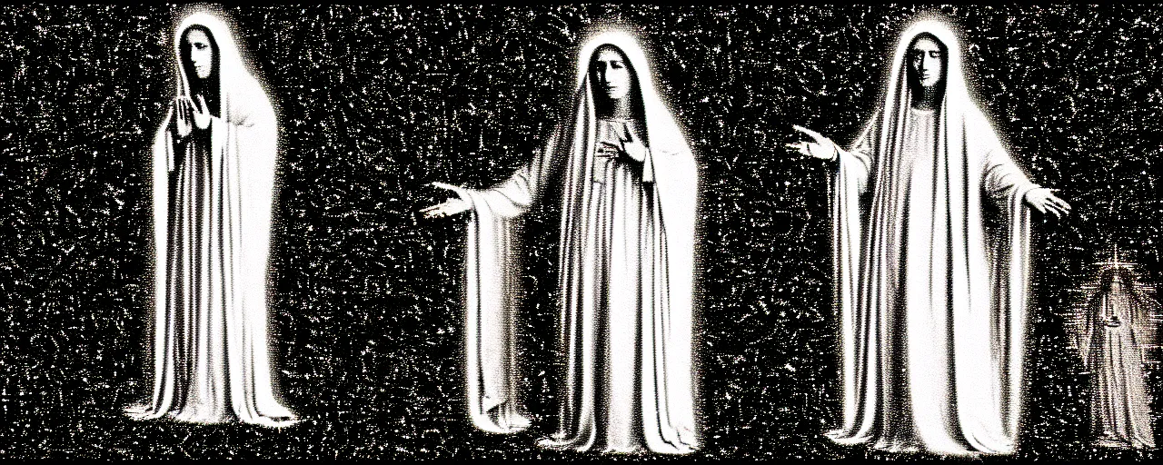 Image similar to vhs static overlay of marian apparition, vhs, 1 9 9 0, highly realistic, highly detailed, vhs noise static, black and white, vhs glitch