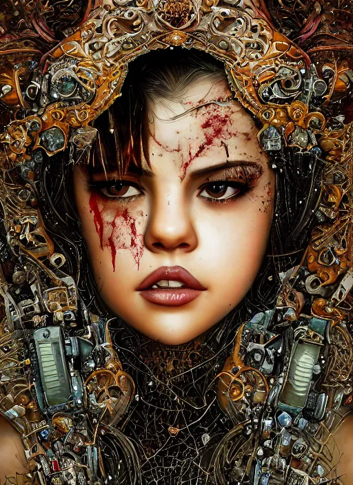 Image similar to expressive photo of selena gomez mixed with sophia lauren, bumpy mottled skin full of blood and scars, ornate headpiece made from crystals, cables and wires, hypermaximalist, elegant, body horror, by karol bak nd yoshitaka amano and greg rutkowski and jeremyg lipkinng and artgerm, photorealistic