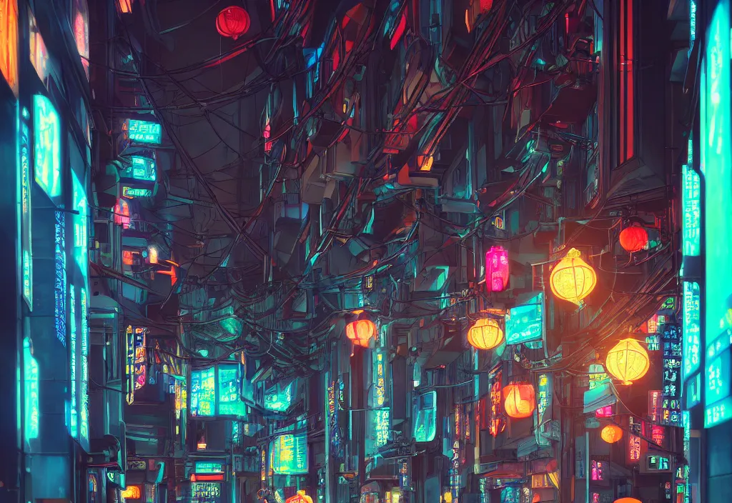 Image similar to a futuristic cyberpunk japanese izayaka alley with neon lights and lanterns, soft glow, intricate, cybernetic, trending on artstation, octane render, colorful, by rossdraws and makoto shinkai