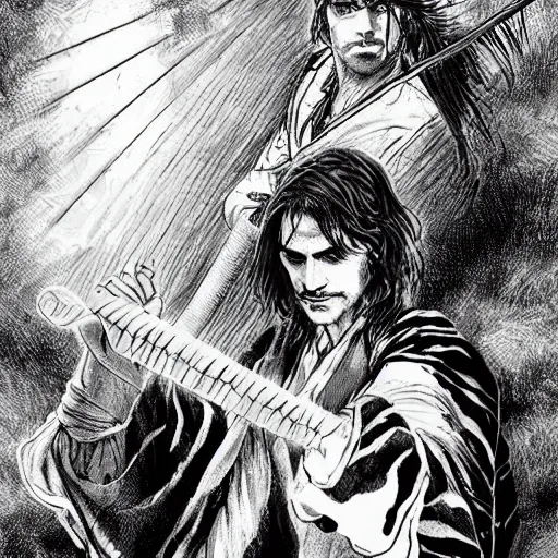 Image similar to pen and ink!!!! attractive 22 year old Frank Zappa x Jared Leto golden Vagabond magic swordsman glides through a beautiful battlefield magic the gathering dramatic esoteric!!!!!! pen and ink!!!!! illustrated in high detail!!!!!!!! by Hiroya Oku!!!!! Written by Wes Anderson graphic novel published on shonen jump 2002 award winning!!!!