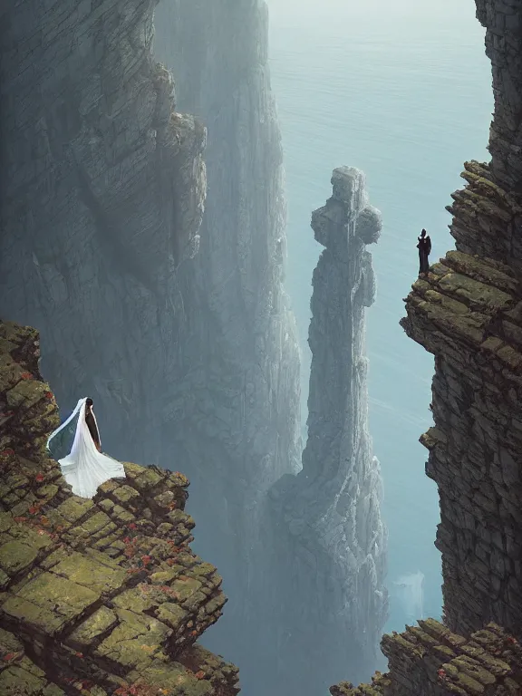 Image similar to bride and groom centered, high symmetry, intimacy, realism, intricate abstract, elegant, looking down a cliff, tall pillar, short perspective, neutral colors, dark lighting, by greg rutkowski, by simon stalenhag