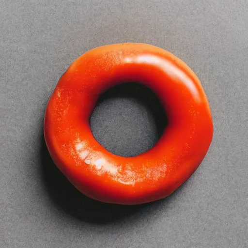 Prompt: Perfectly circular donut!!!!! in the style and shape of a tomato!!!!!!, blended colors!!!!!, trending on artstation, 4k, 8k, professional photography, overhead shot, 35mm lens