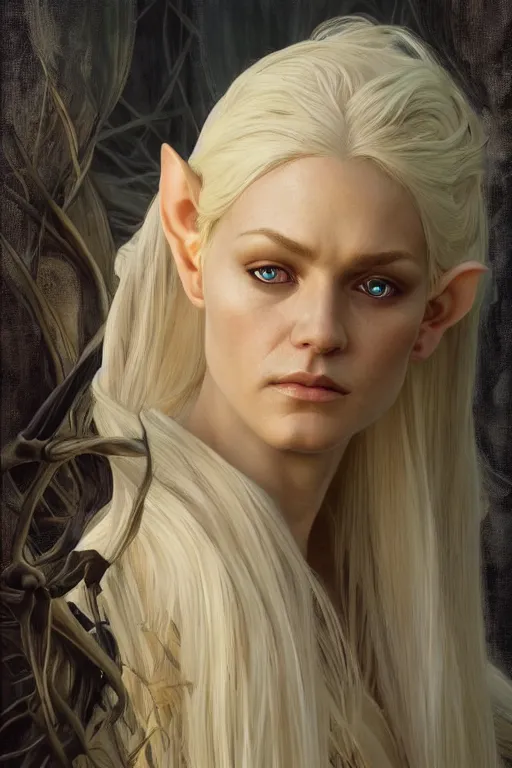 Image similar to portrait of an old blonde elven mage, dark, piercing eyes, gentle expression, elegant clothing, photorealistic, highly detailed, artstation, smooth, sharp focus, art by michael whelan, artgerm, greg rutkowski and alphonse mucha