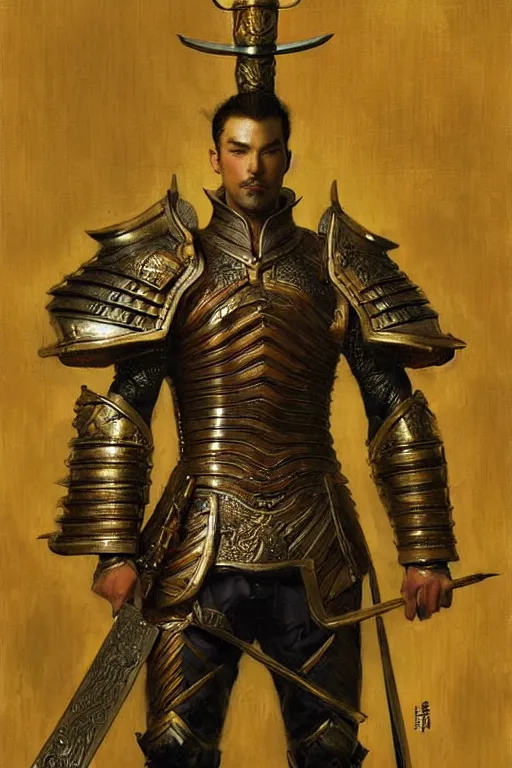 Image similar to attractive male with armor, ming dynasty, character design, painting by gaston bussiere, craig mullins, j. c. leyendecker, tom of finland