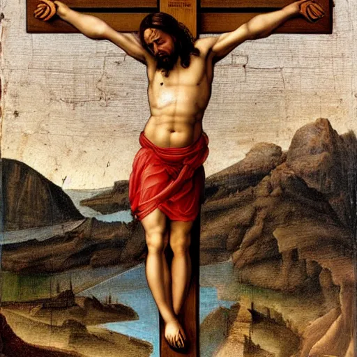 Image similar to Elon musk as jesus christ, crucified on mars, painting in the style of Leonardo Da Vinci